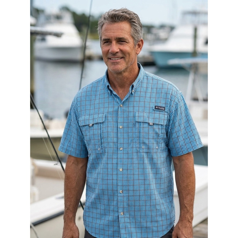 Columbia Super Bahama PFG Blue Checked Short Sleeve Fishing Shirt Mens XXL